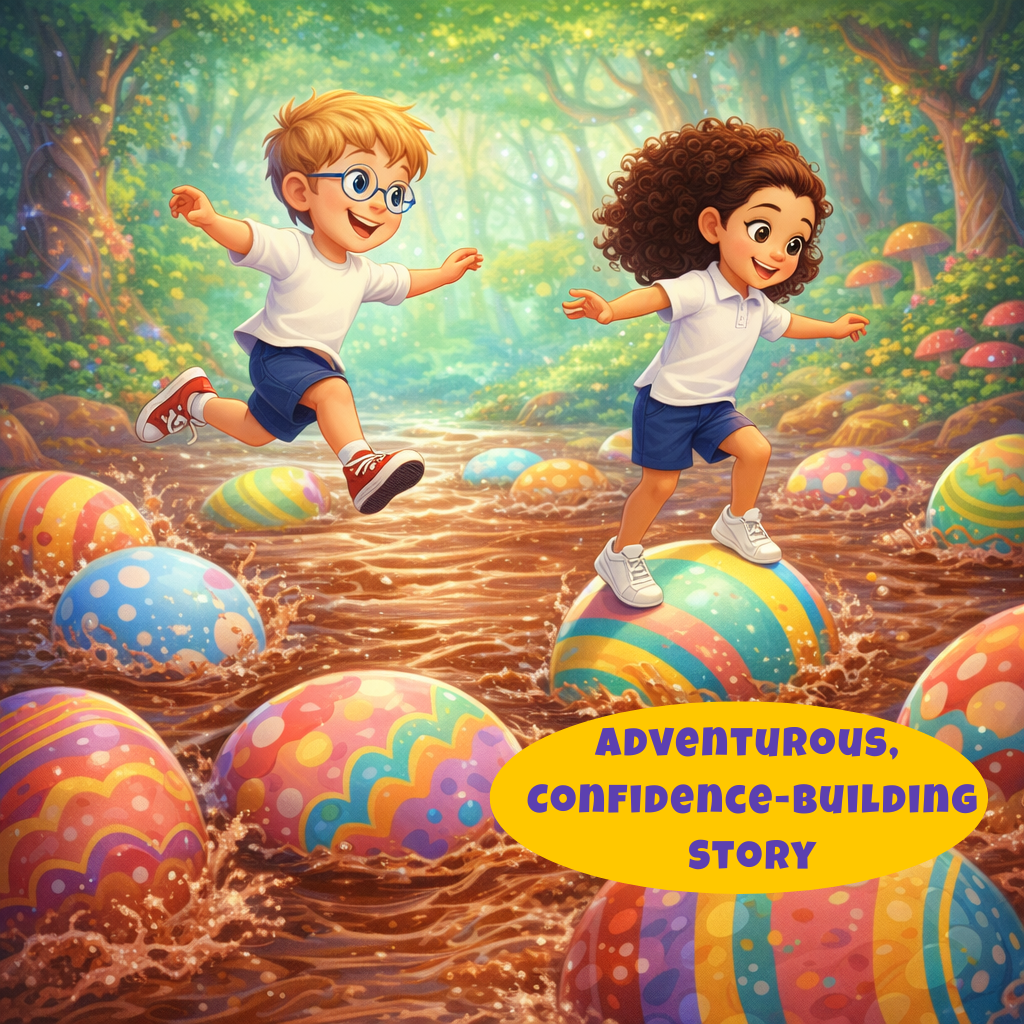 Two children crossing a chocolate river